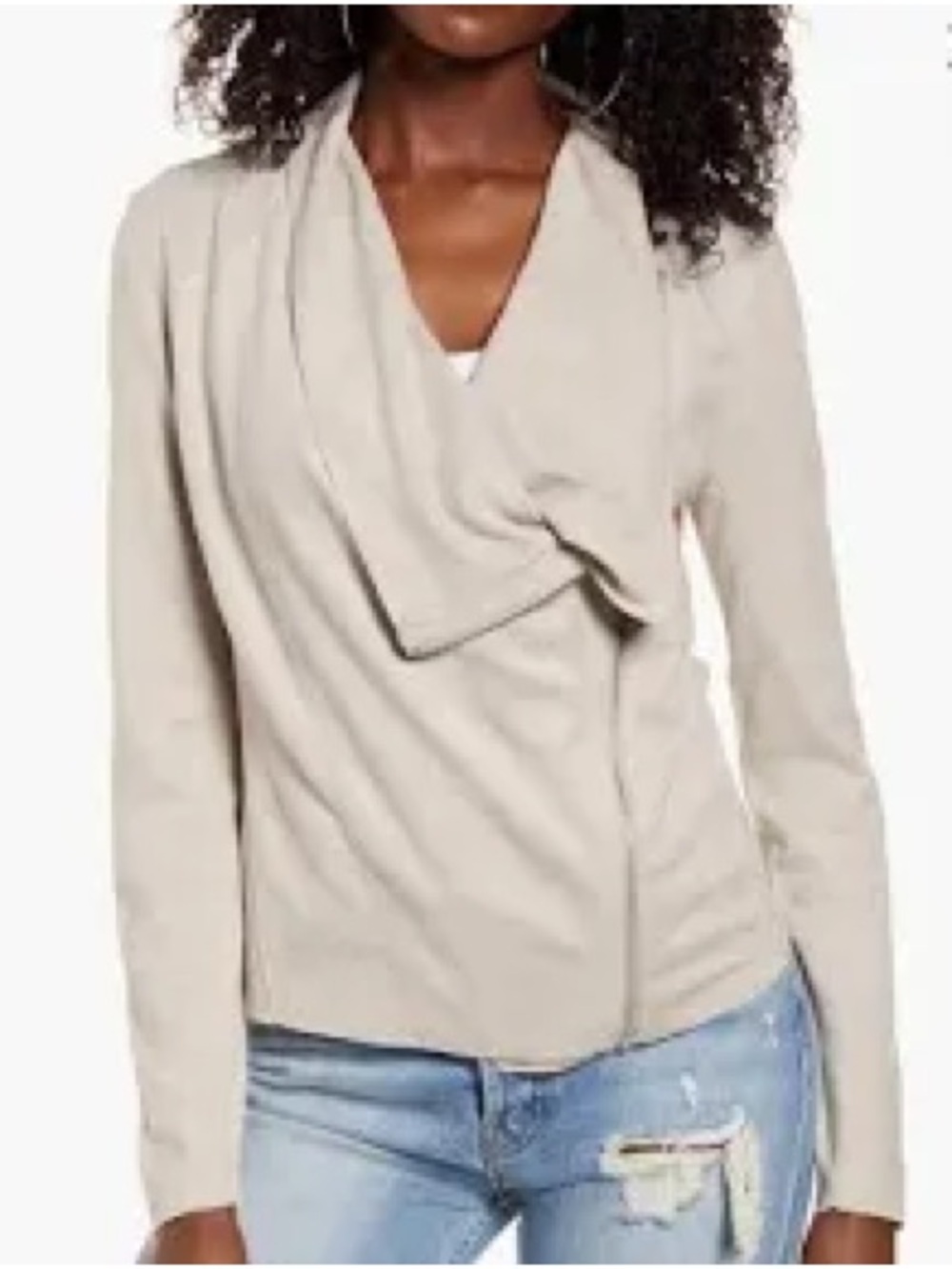 BLANKNYC Vegan Faux Leather Suede Waterfall Drape Asymmetric Moto Jacket Beige M